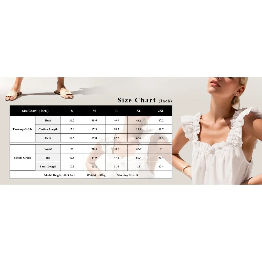 KFUBUO Women's L White Pajama Set 2 Piece Ruffle Tank Top & Shorts Soft Sleepwea